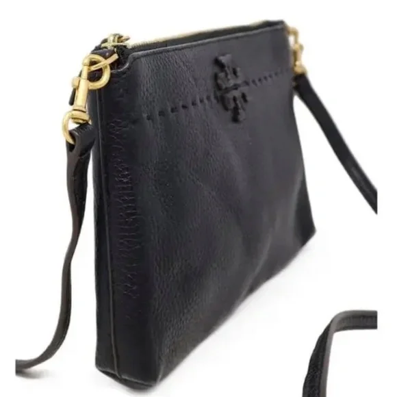 Tory Burch Womens Leather Logo Embellished Flat Small Crossbody Handbag Black - Picture 3 of 12